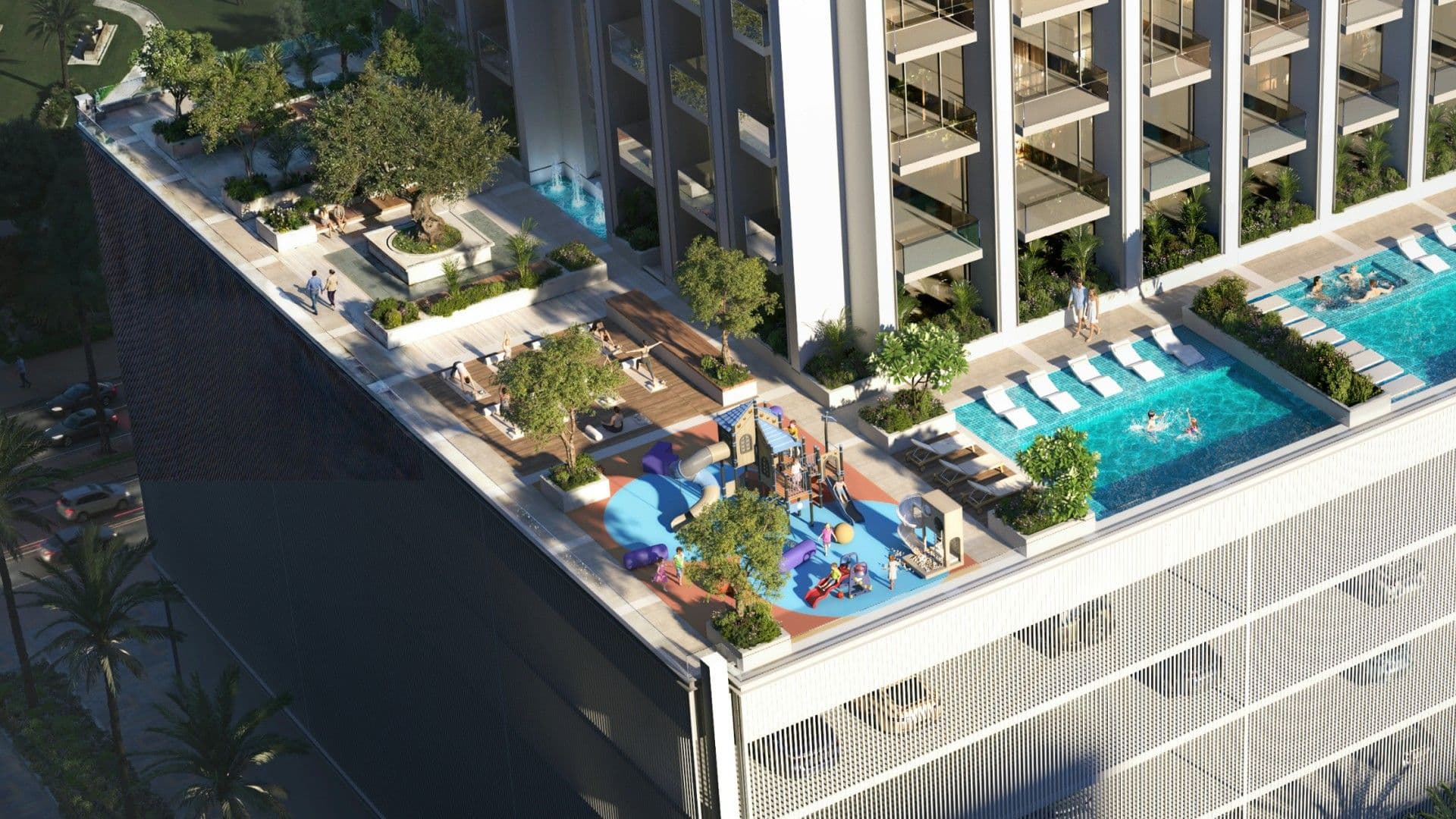 Aerial view of the fifth-floor amenity deck at Binghatti Etherea
