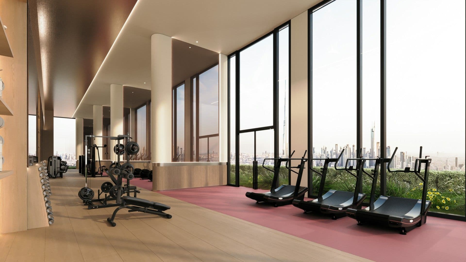 Gym with treadmills and skyline views at Binghatti Etherea