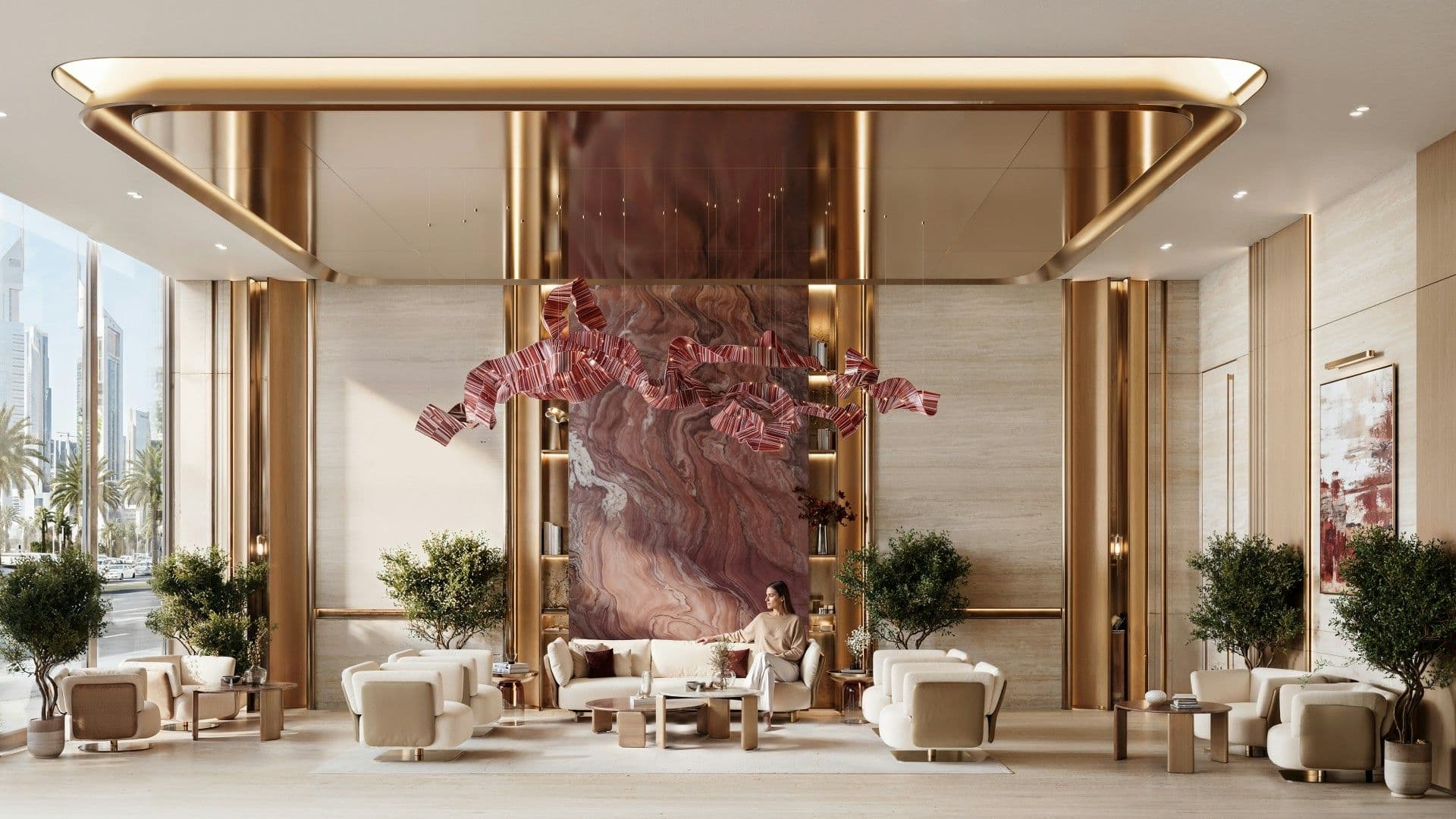 Lobby lounge with a sculptural feature at Binghatti Etherea