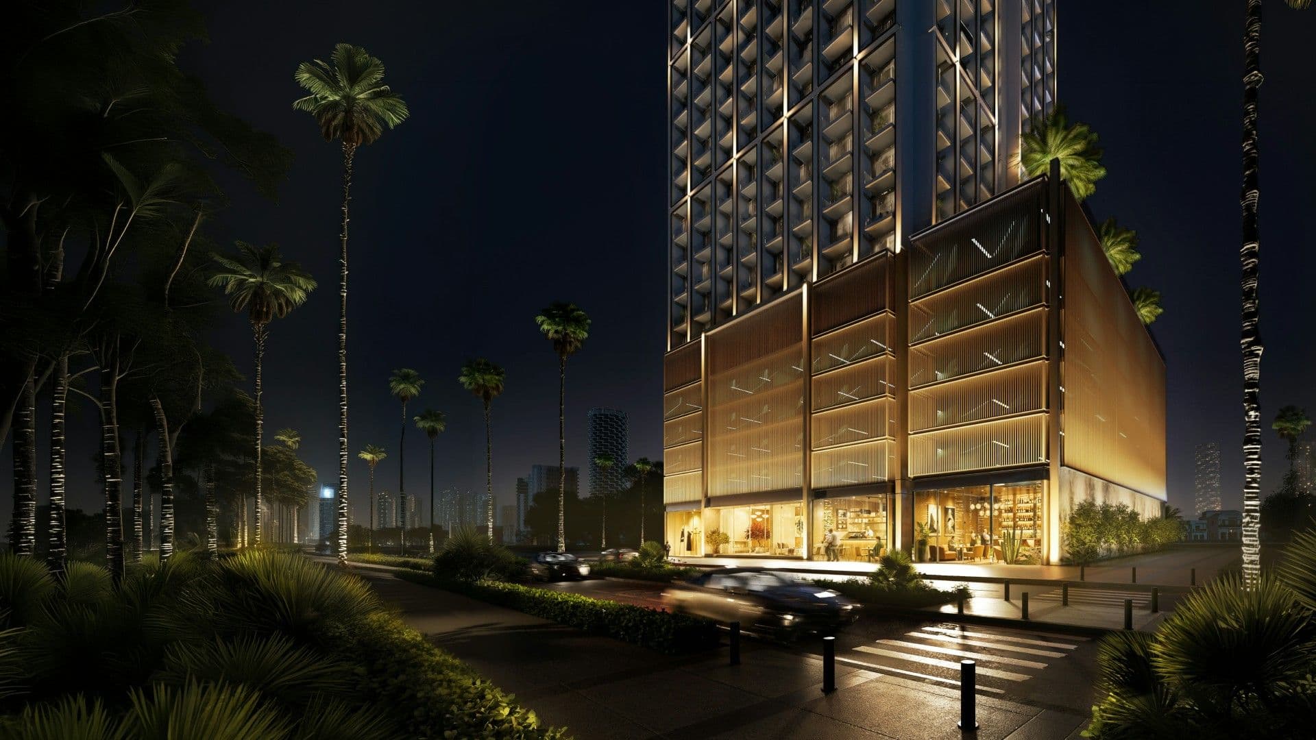 Binghatti Etherea podium and entrance lit up at night
