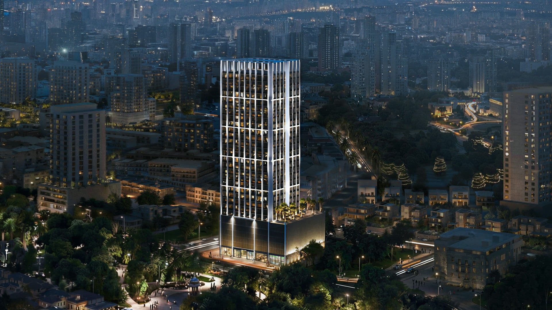 Aerial night view of Binghatti Etherea in Jumeirah Village Circle