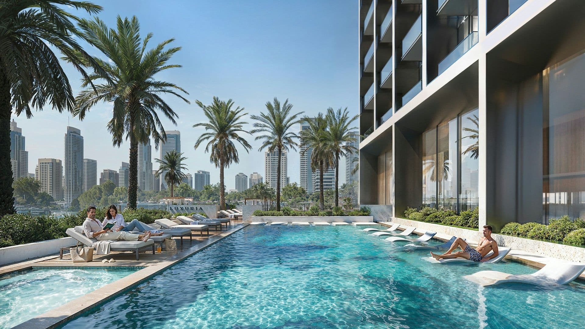 Swimming pool and sun loungers on the Binghatti Luxuria amenity deck