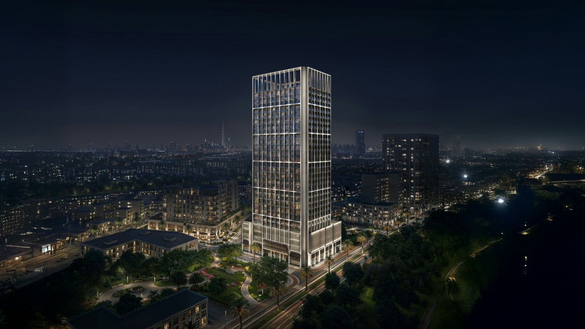 Binghatti Luxuria tower in Jumeirah Village Triangle at night