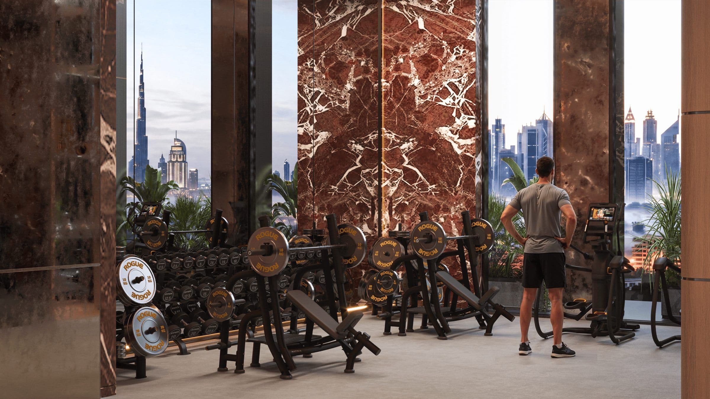 Outdoor gym with skyline views at Binghatti Spectre