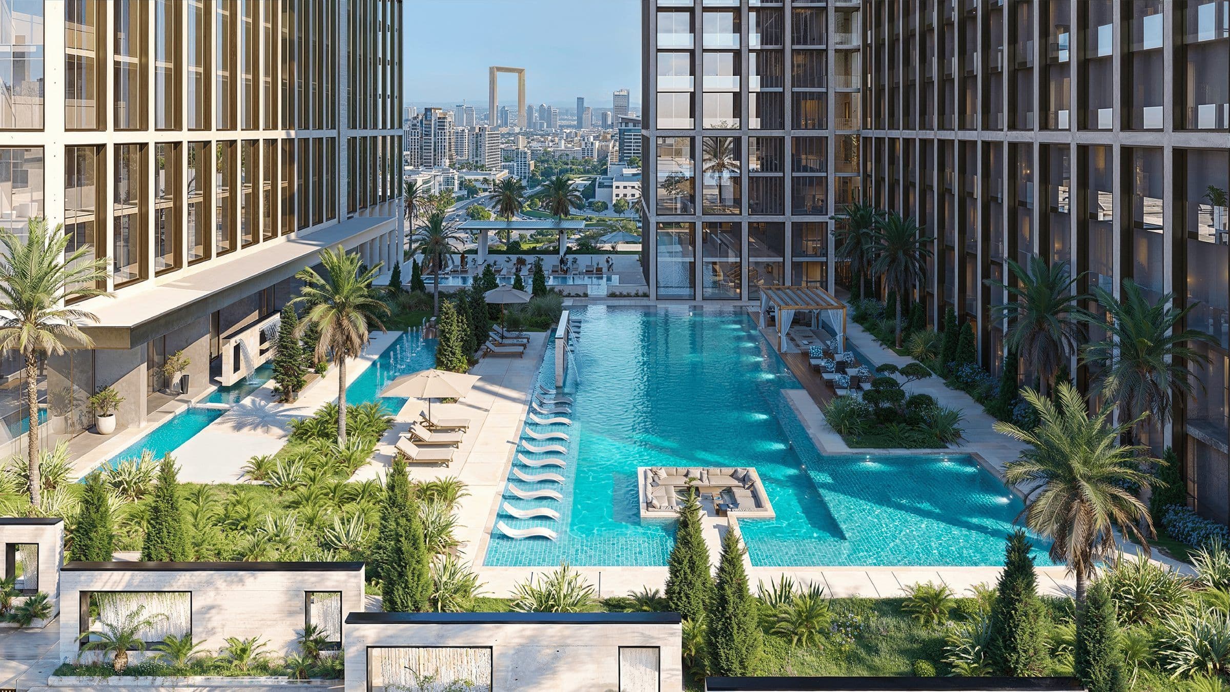Podium pool between the Binghatti Spectre towers