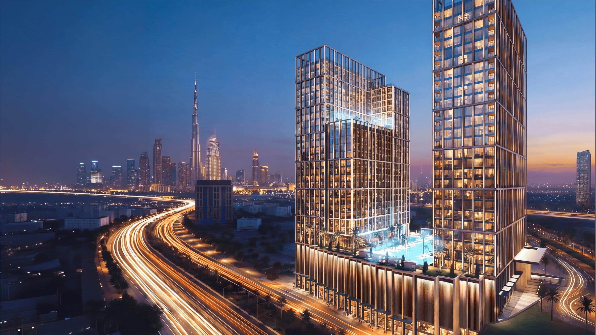 Binghatti Spectre towers and podium pool at dusk