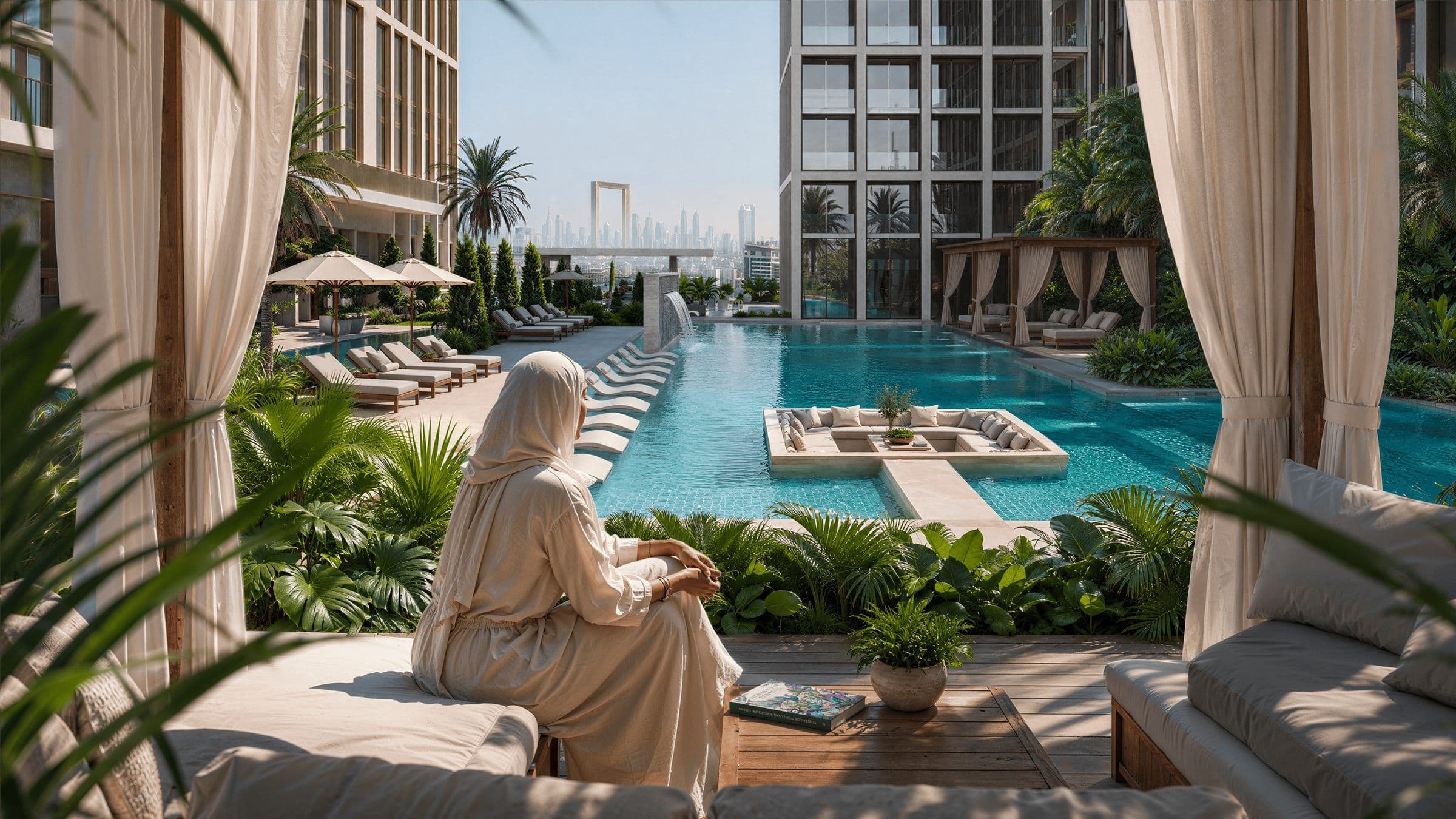 Poolside cabana at Binghatti Spectre