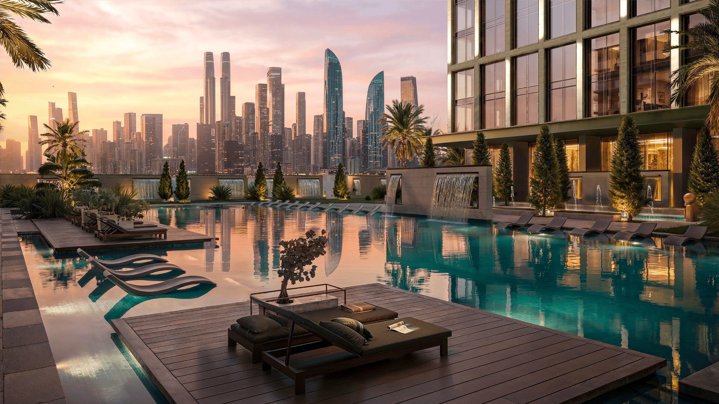Pool deck with skyline views at Binghatti Spectre
