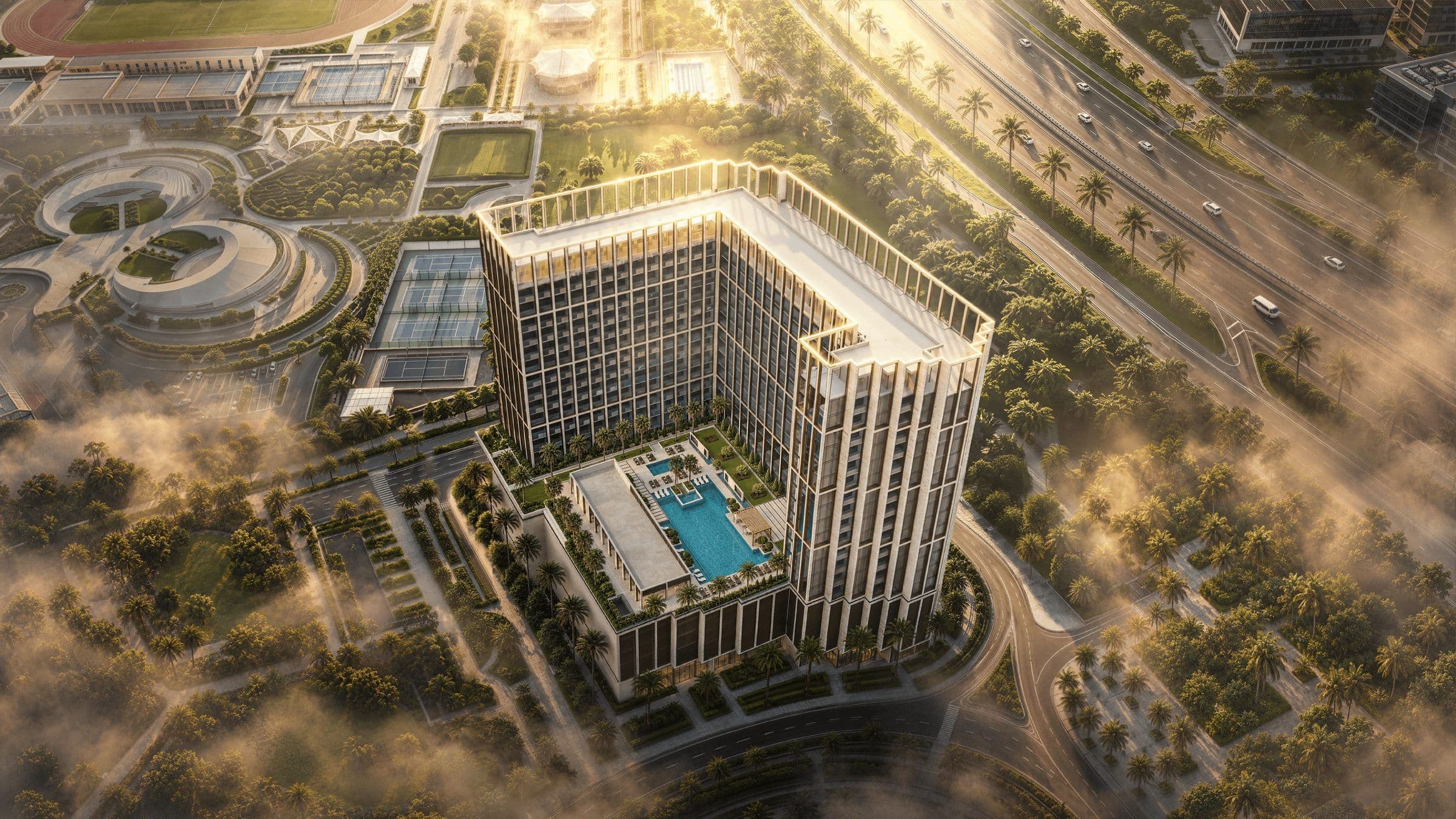 Aerial view of Binghatti Starfall and its podium pool deck in Al Jaddaf