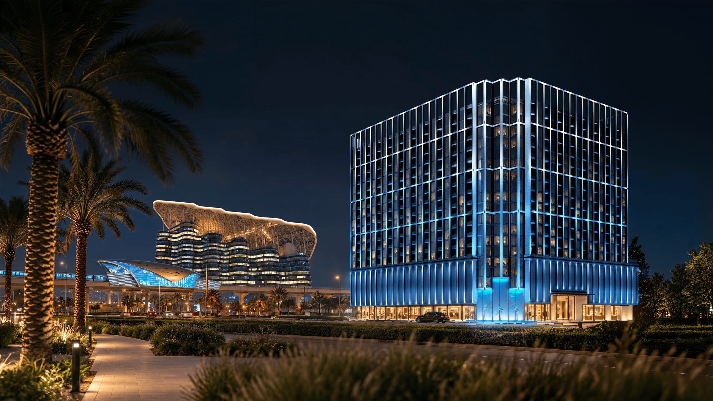 Illuminated crystalline glass facade of Binghatti Starfall