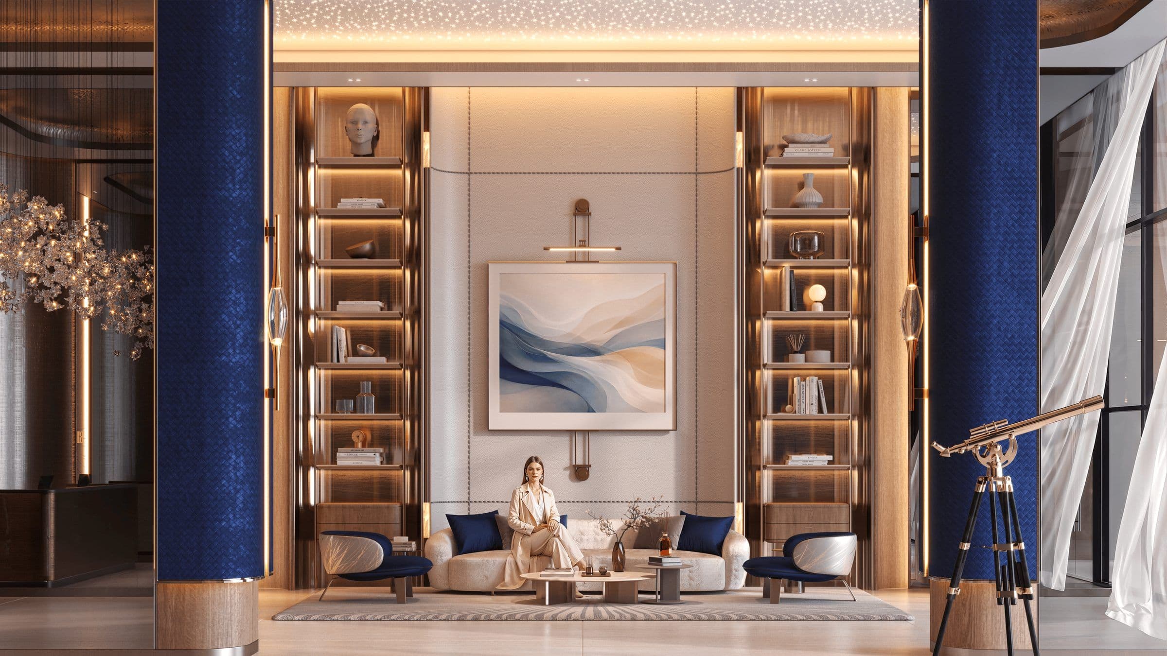 Lobby lounge with telescope at Binghatti Starfall