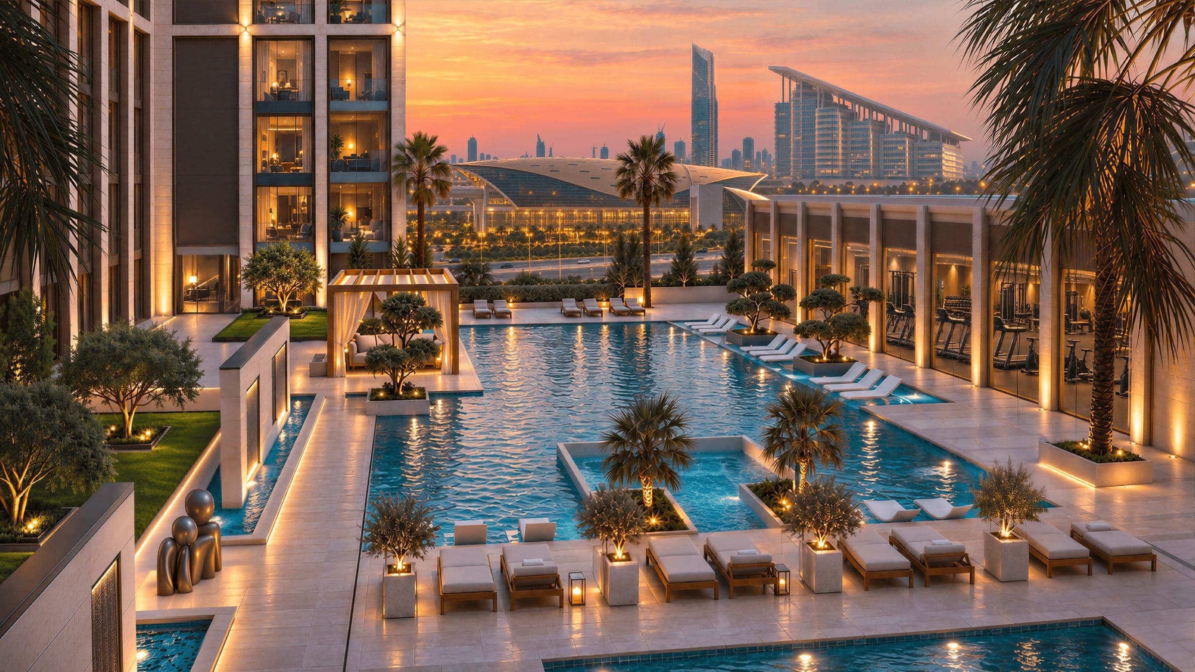 Podium pool deck with sun loungers at Binghatti Starfall