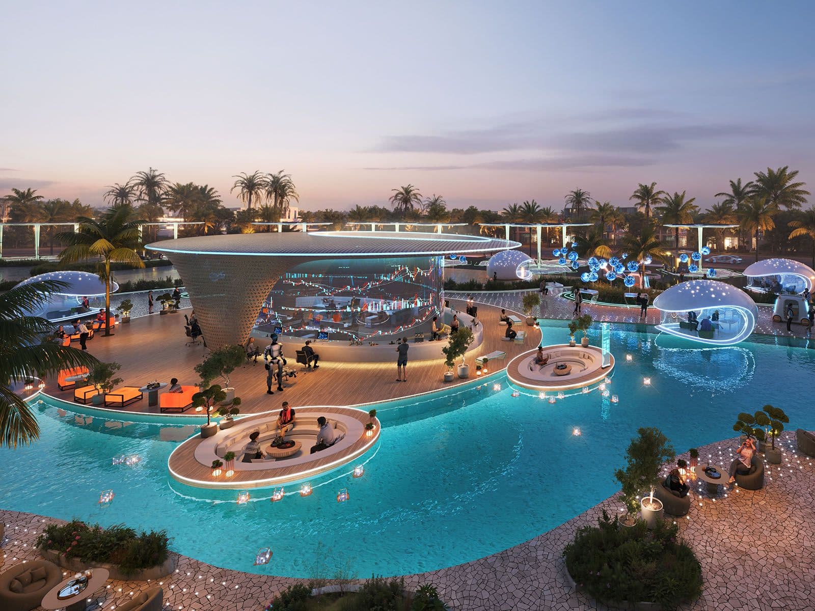 Evening lounge and social spaces at DAMAC Islands 2