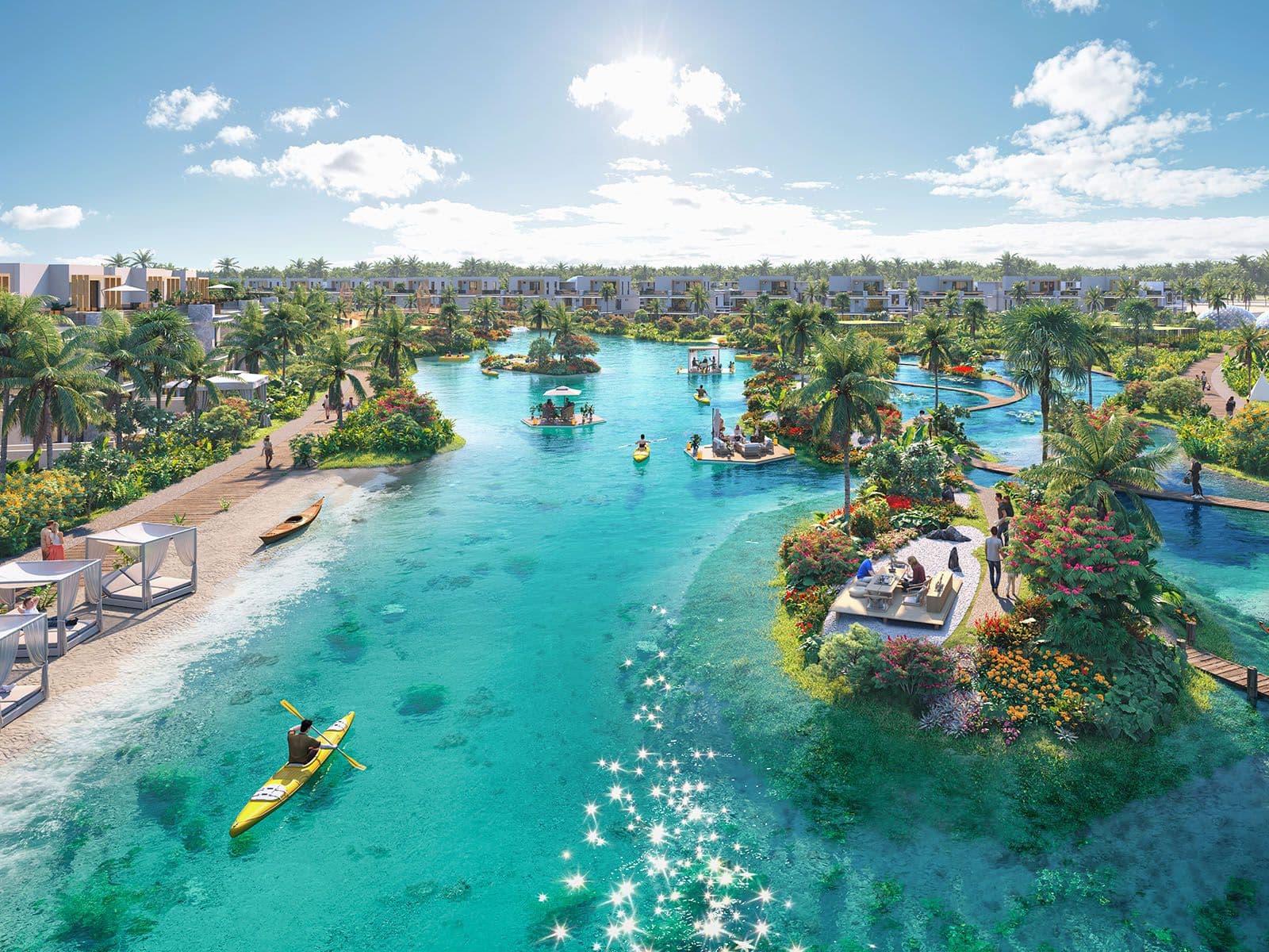 Residents kayaking in the lagoon lifestyle hub at DAMAC Islands 2