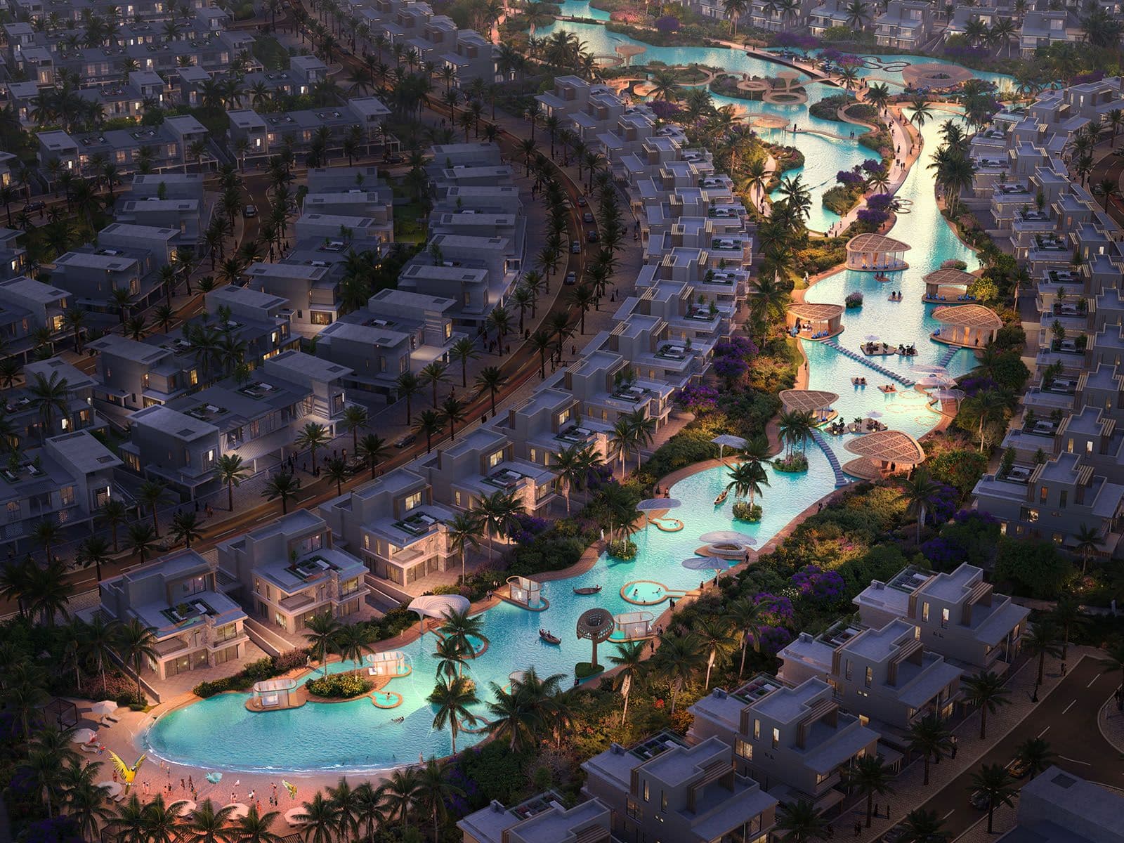 Aerial view of the DAMAC Islands 2 master community at dusk