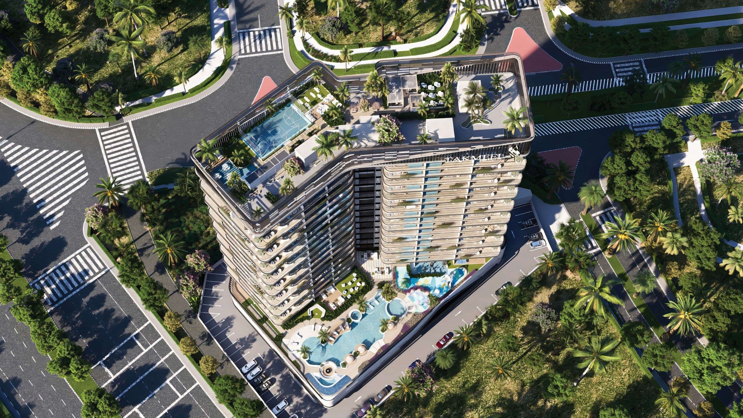 Aerial view of Divine Al Barari and its podium amenities