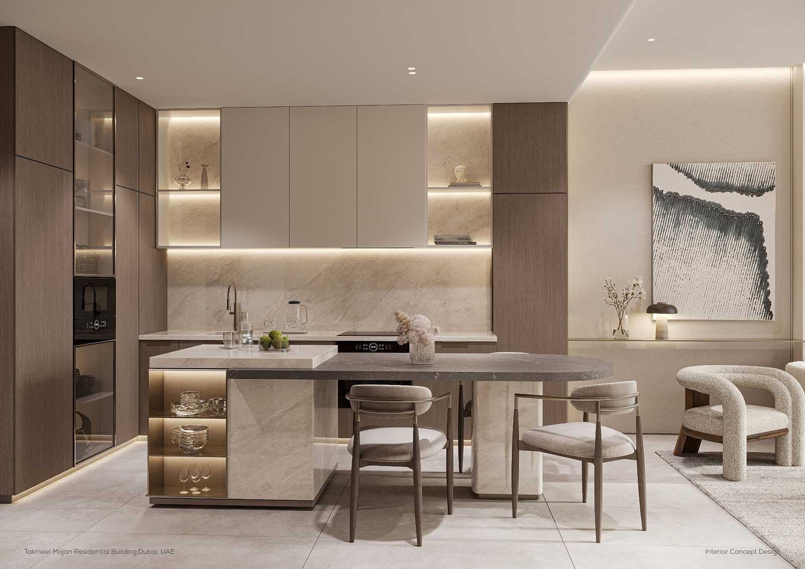 Divine Al Barari kitchen with marble island and dining table