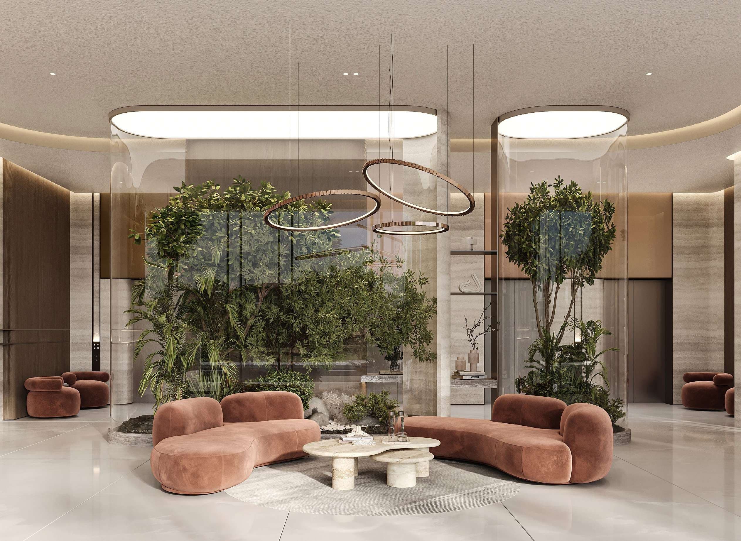 Divine Al Barari lobby lounge with indoor greenery