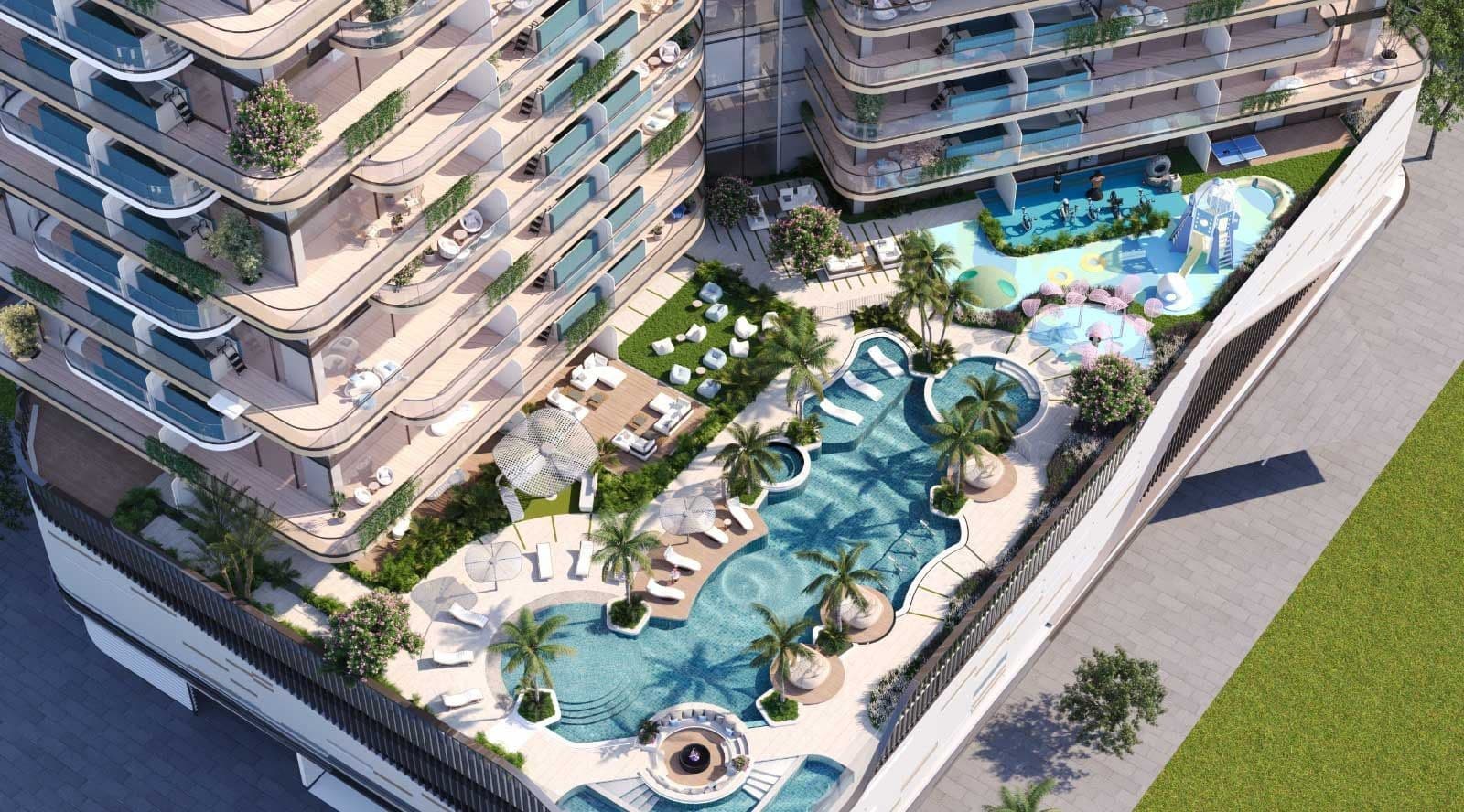 Divine Al Barari podium pool and landscaped gardens