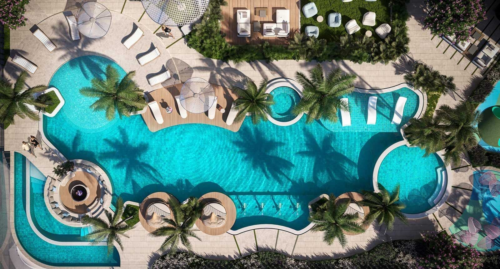 Divine Al Barari swimming pool and amenities deck from above