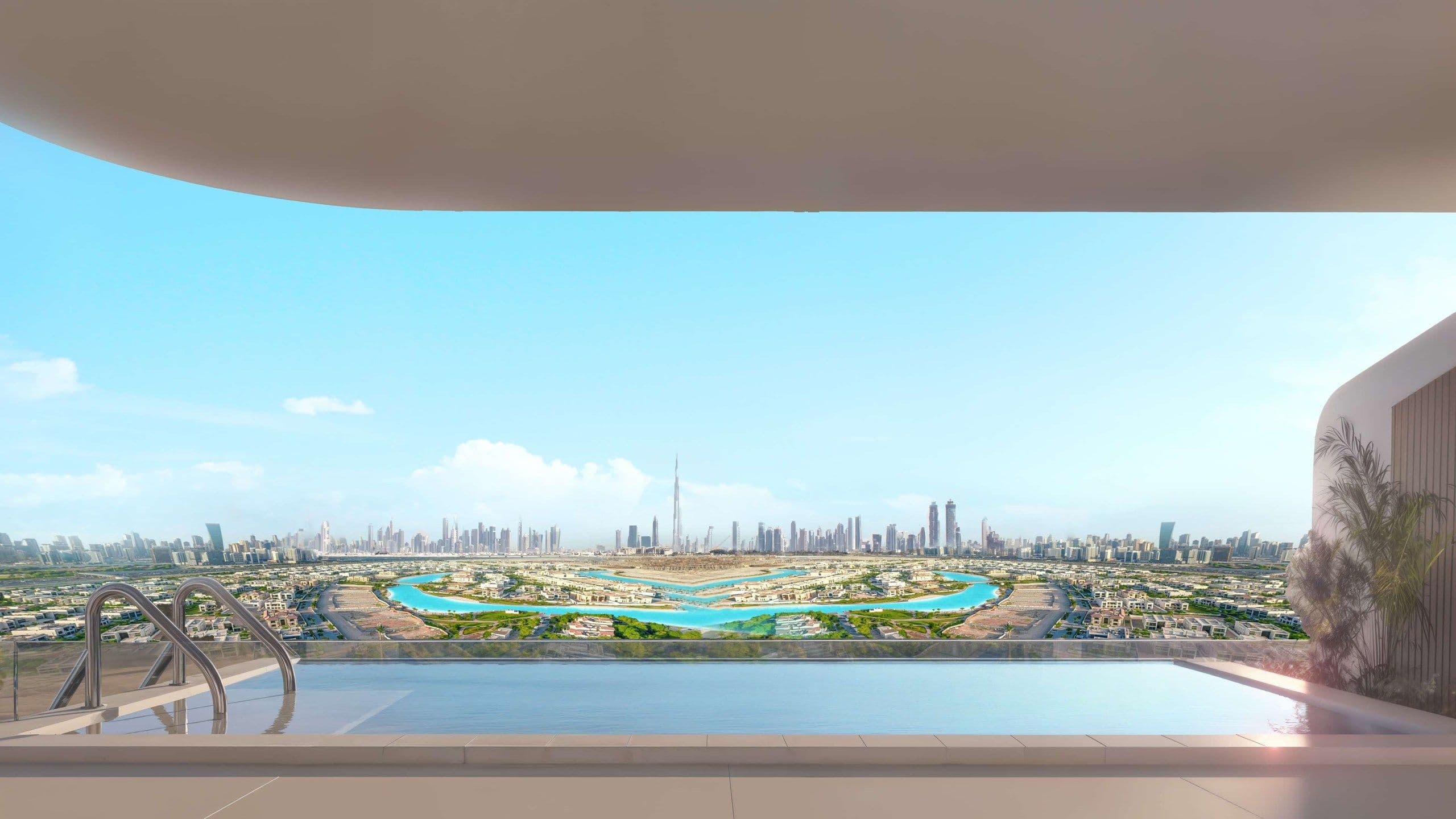 Private balcony pool with Dubai skyline views at Divine Al Barari