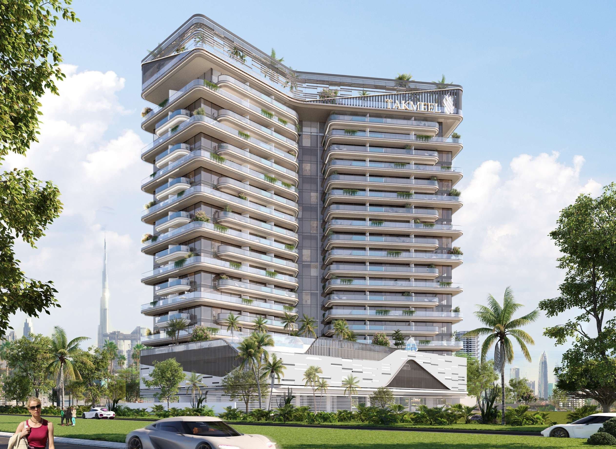 Divine Al Barari residential tower and entrance in Majan