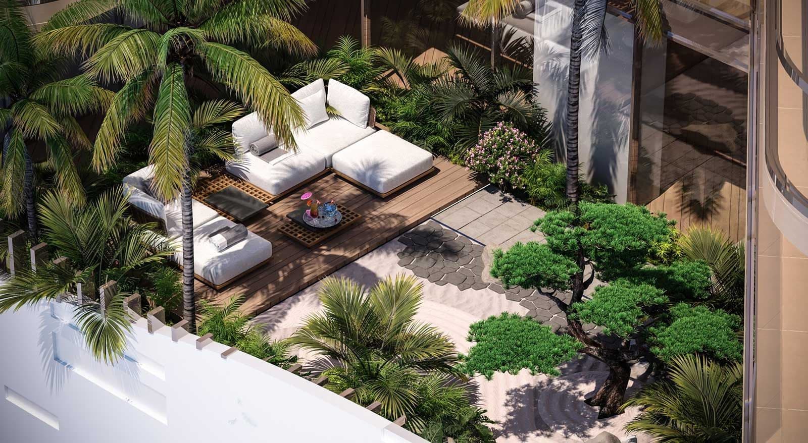 Zen garden seating area at Divine Al Barari