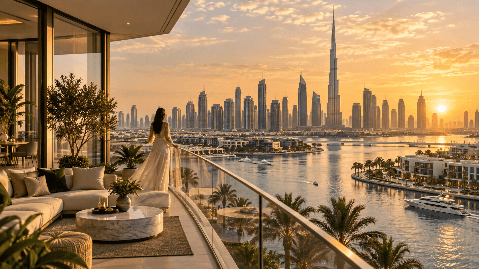 Balcony overlooking the Dubai skyline and Burj Khalifa at sunset