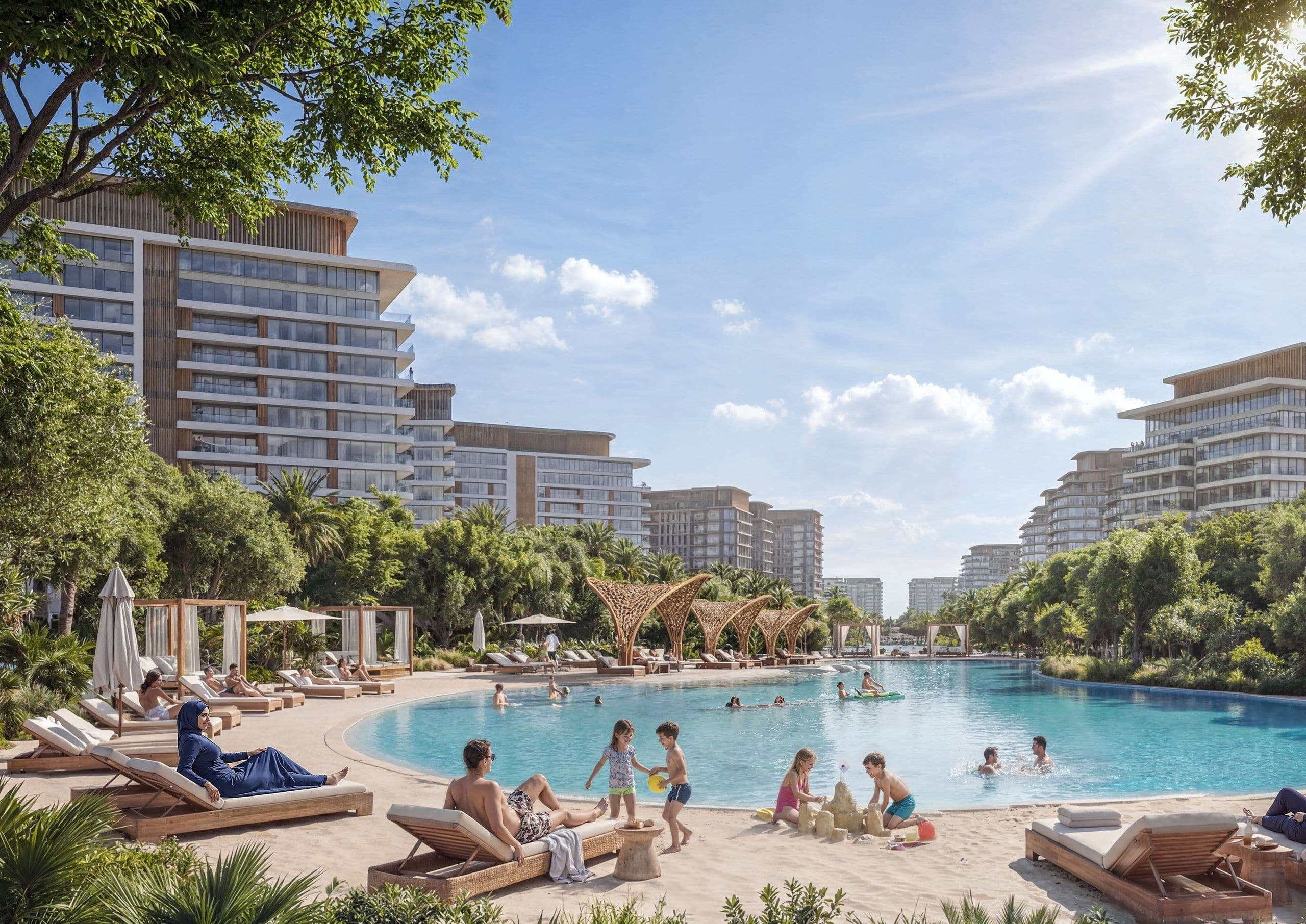 Beach lagoon with sun loungers in the Sobha Sanctuary master community