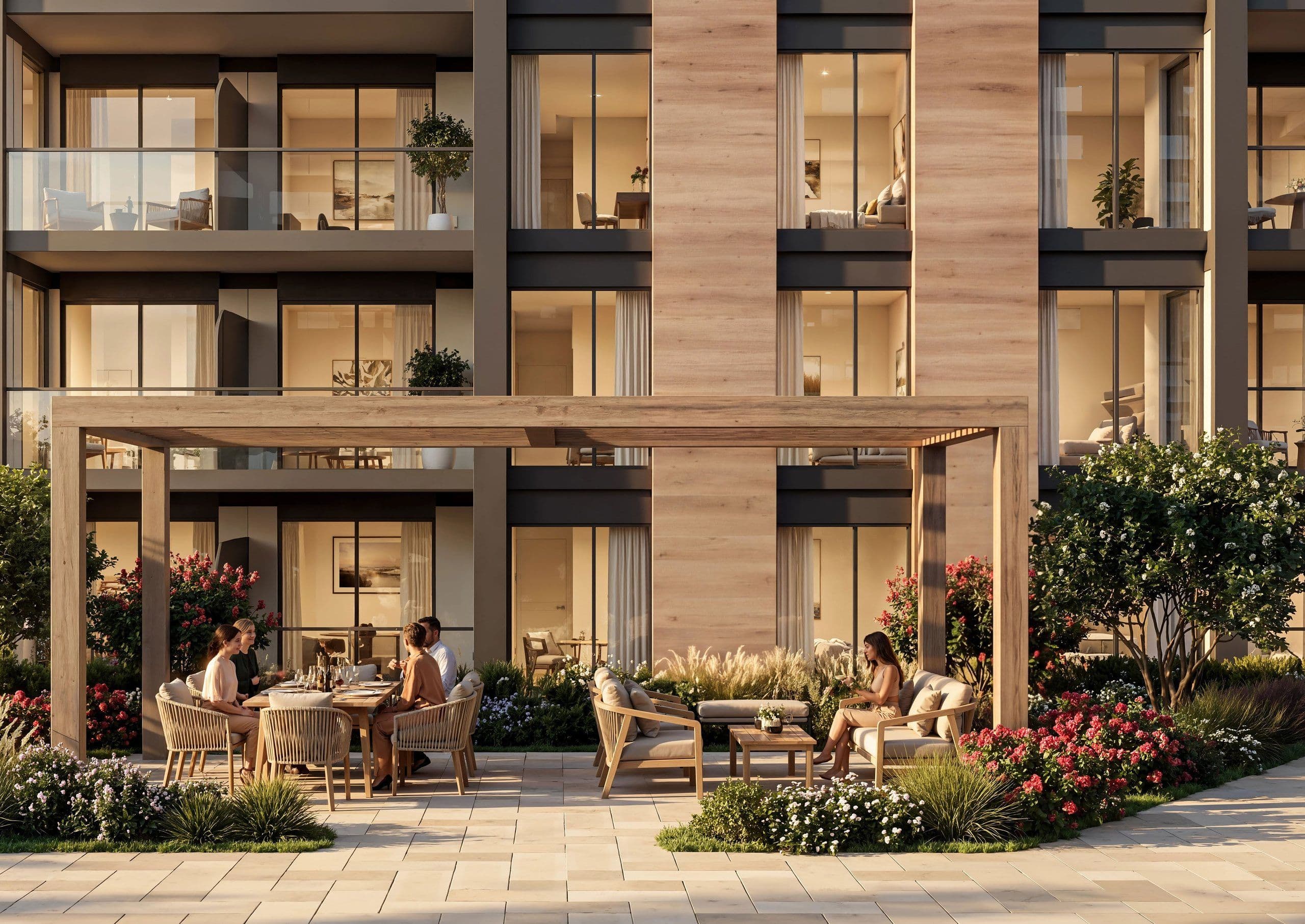 Ground-floor garden terrace with pergola at The Woods