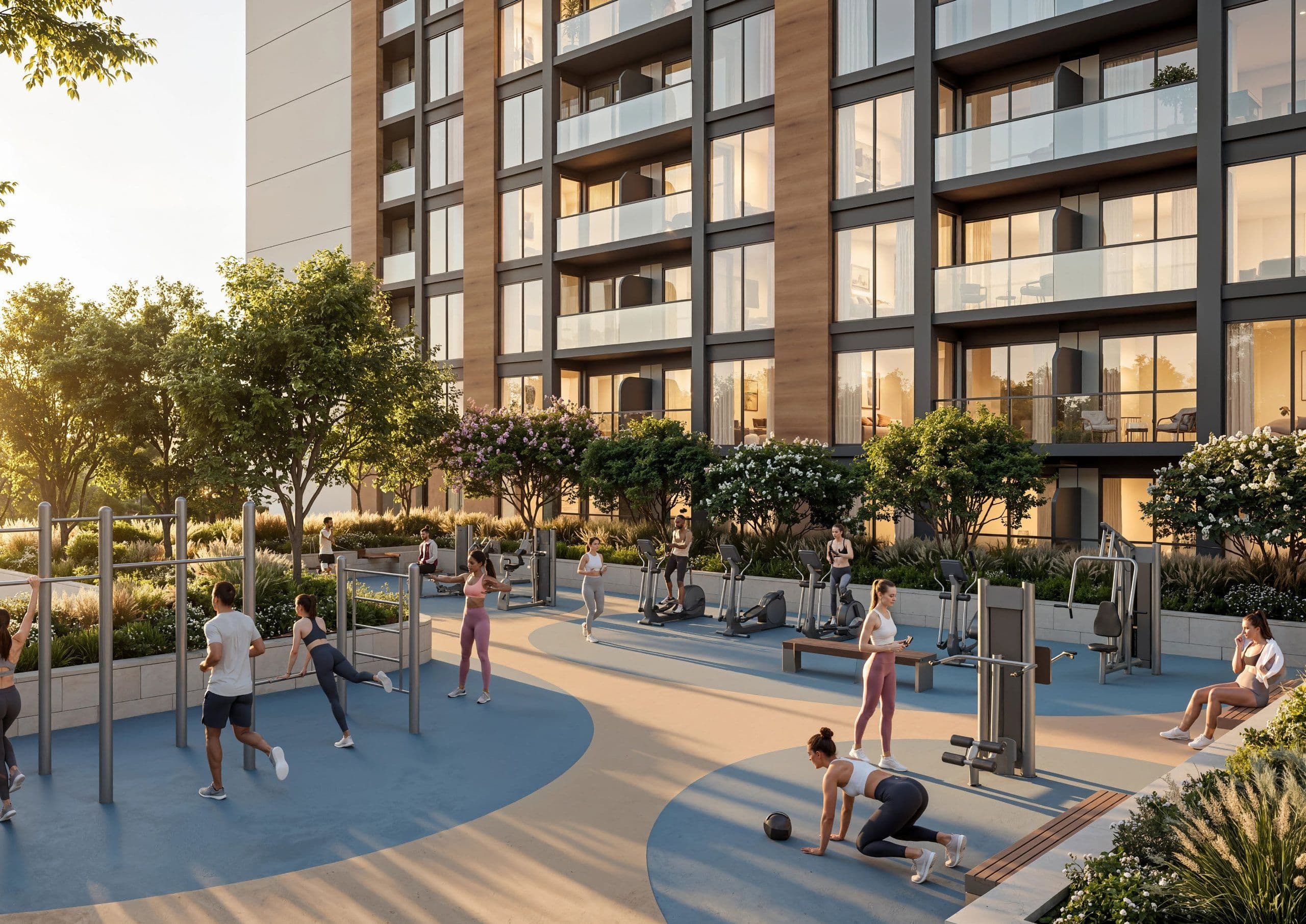 Outdoor fitness zone at the base of The Woods residential buildings