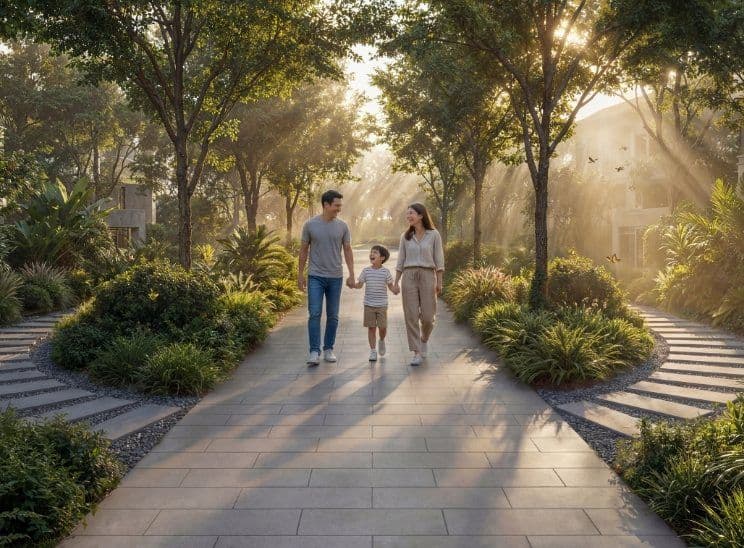 Shaded garden walkway at The Woods, Sobha Sanctuary