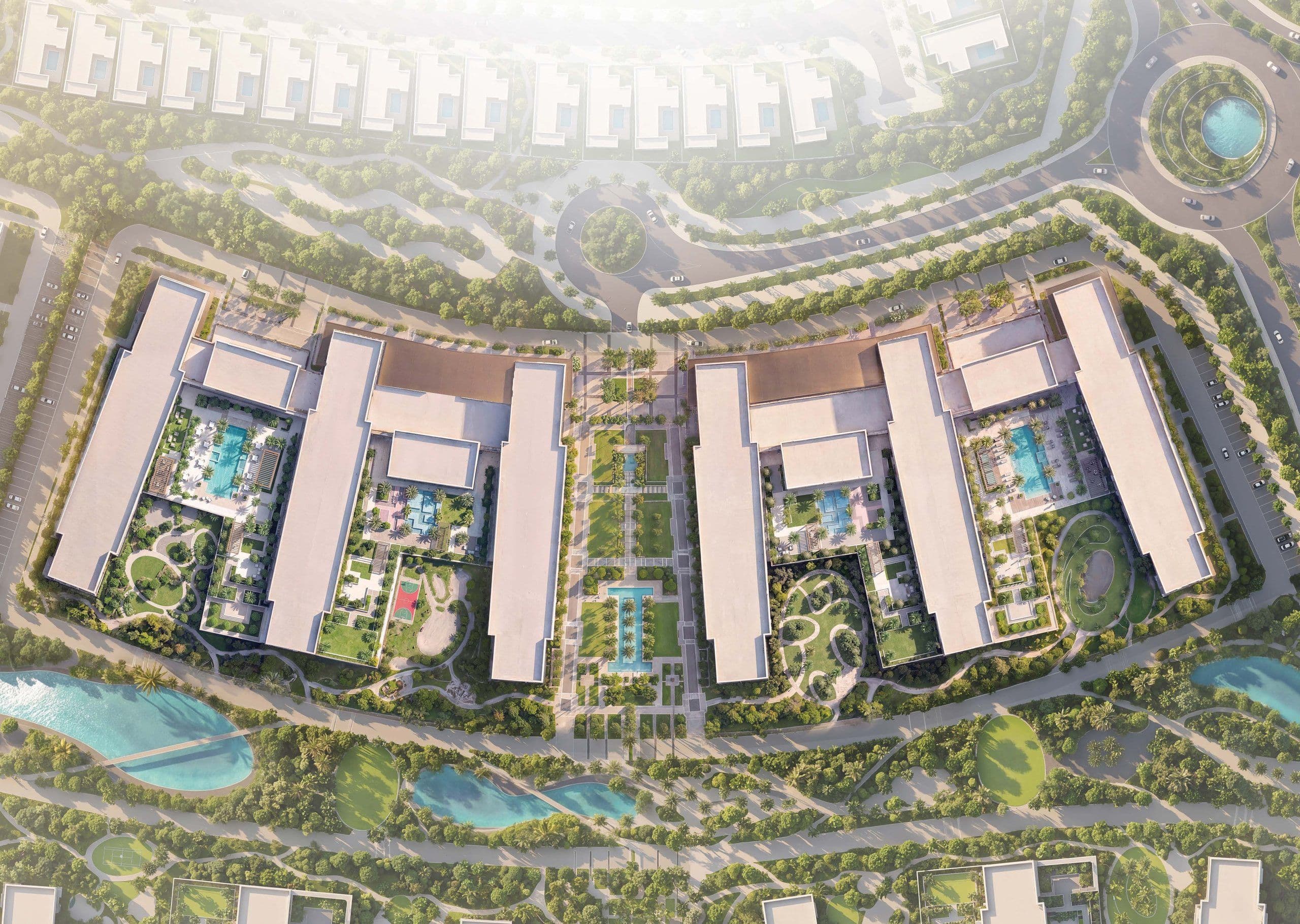 Aerial view of The Woods buildings, garden courts and pools at Sobha Sanctuary