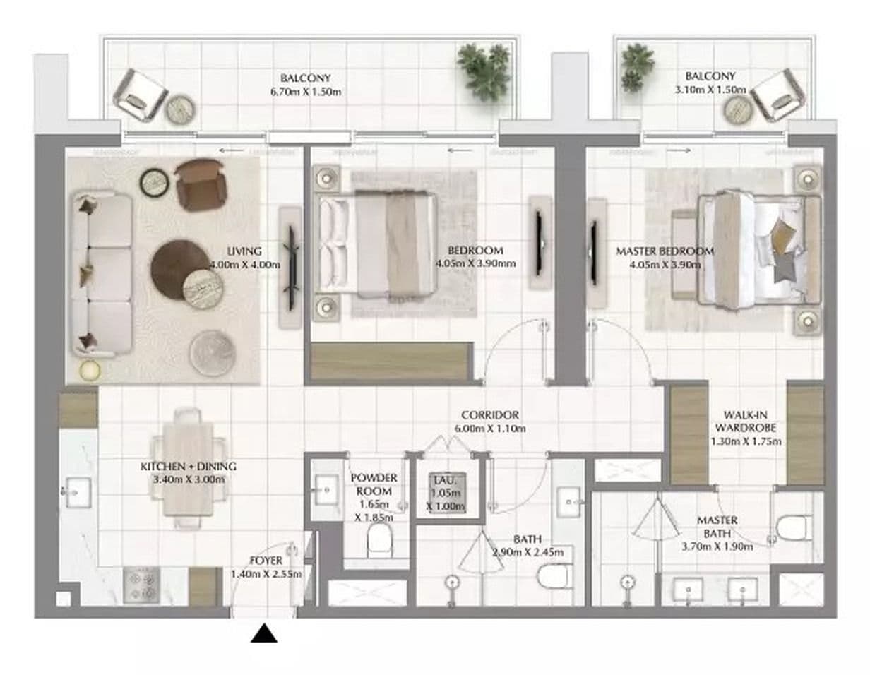Valia 2 bedroom Type B1 floor plan, 1,242 sq ft