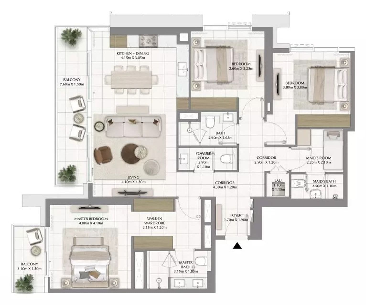 Valia 3 bedroom Type C1 floor plan with maid's room, 1,694 sq ft