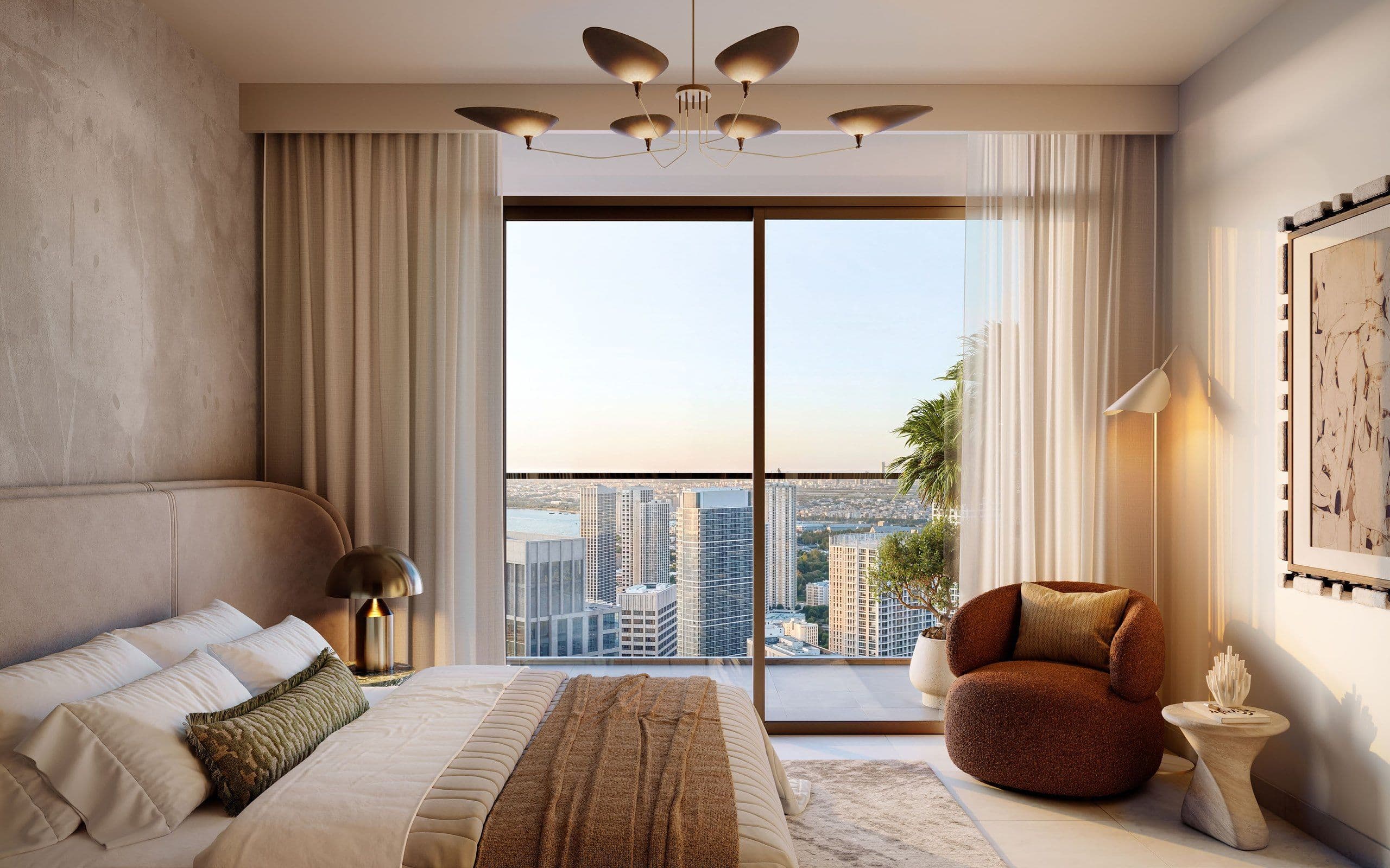Valia apartment bedroom with balcony and city views