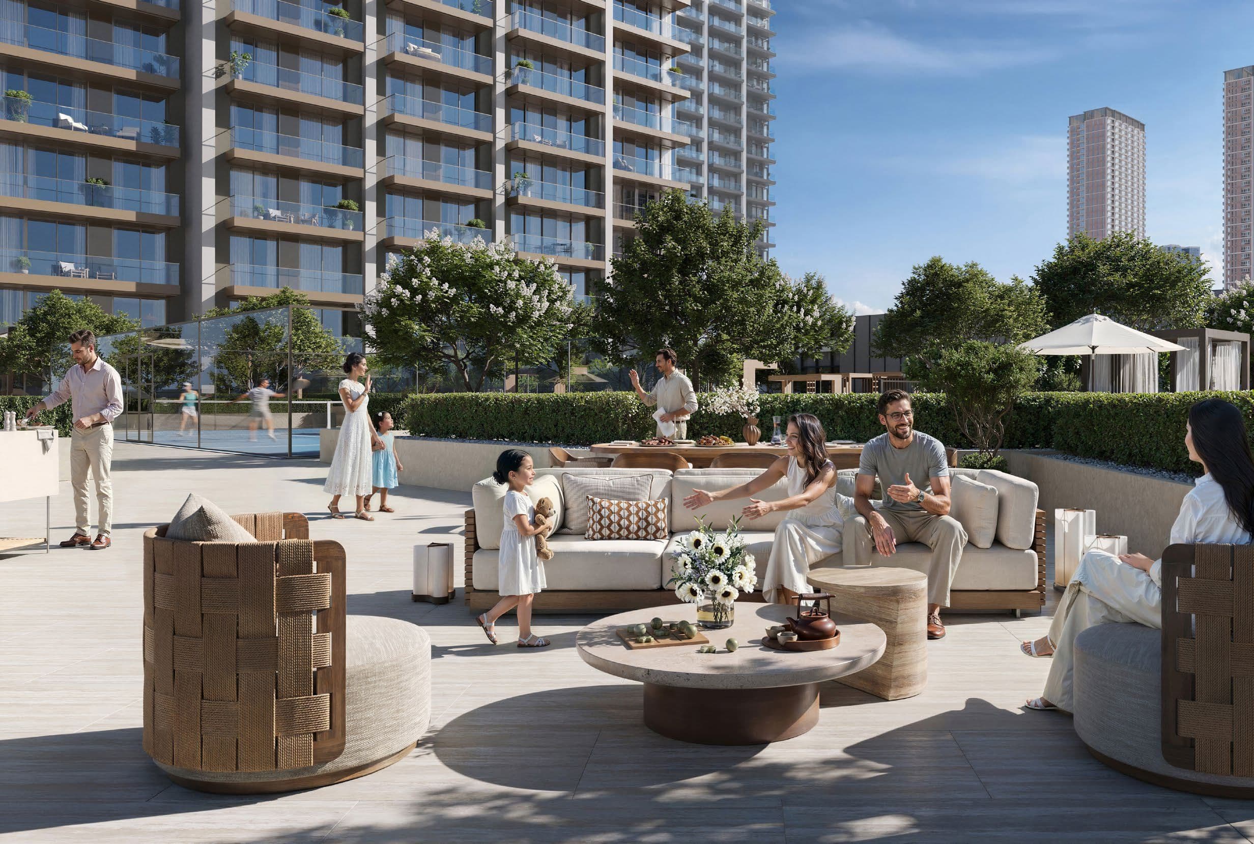Outdoor podium lounge and seating at Valia