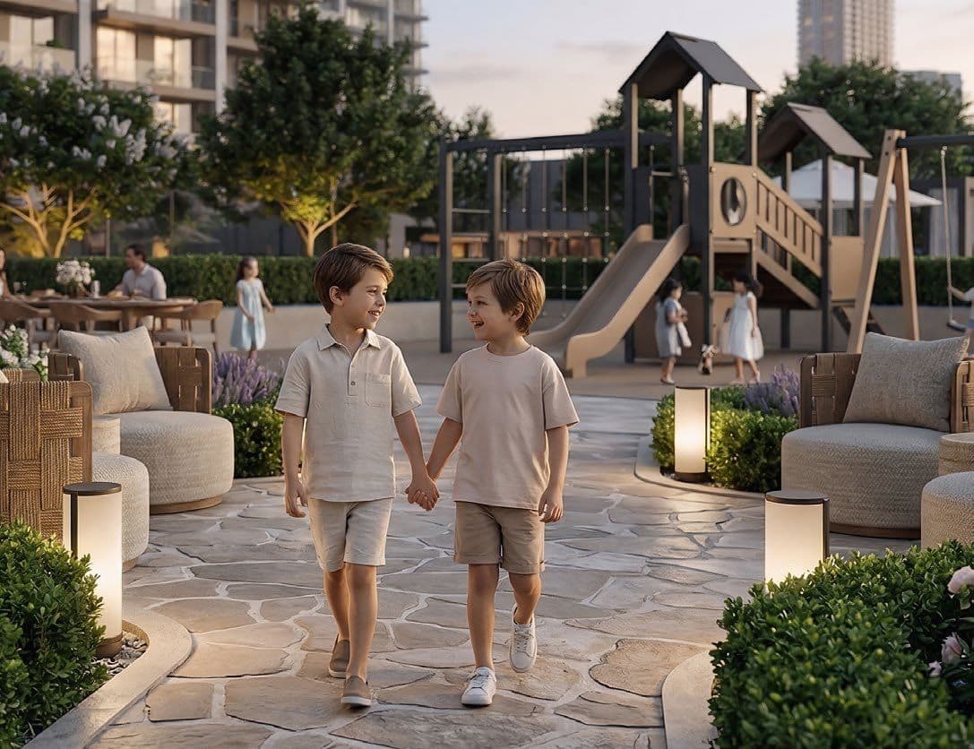 Landscaped walkway and outdoor play zone at Valia