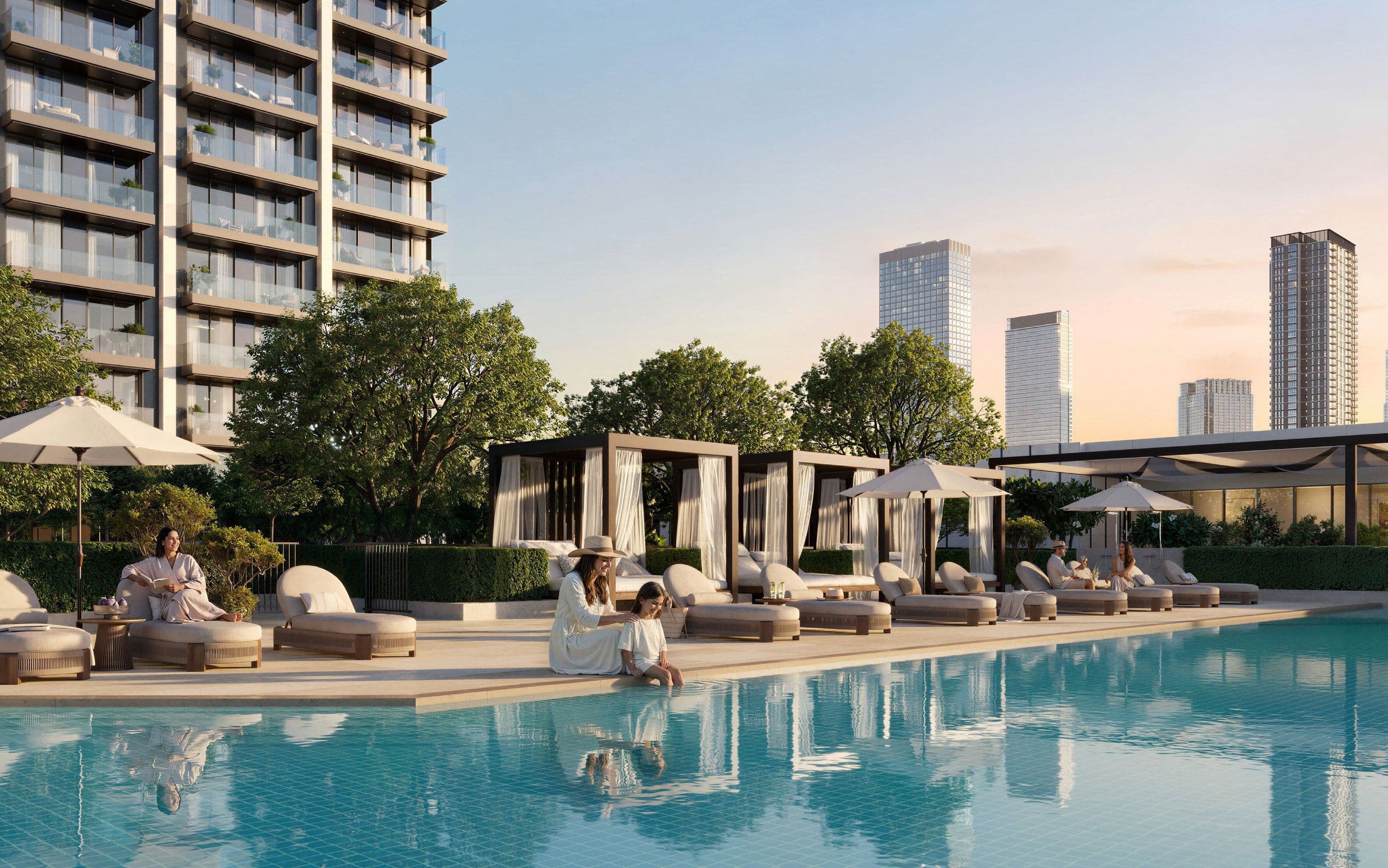 Valia swimming pool deck with private cabanas and sun loungers