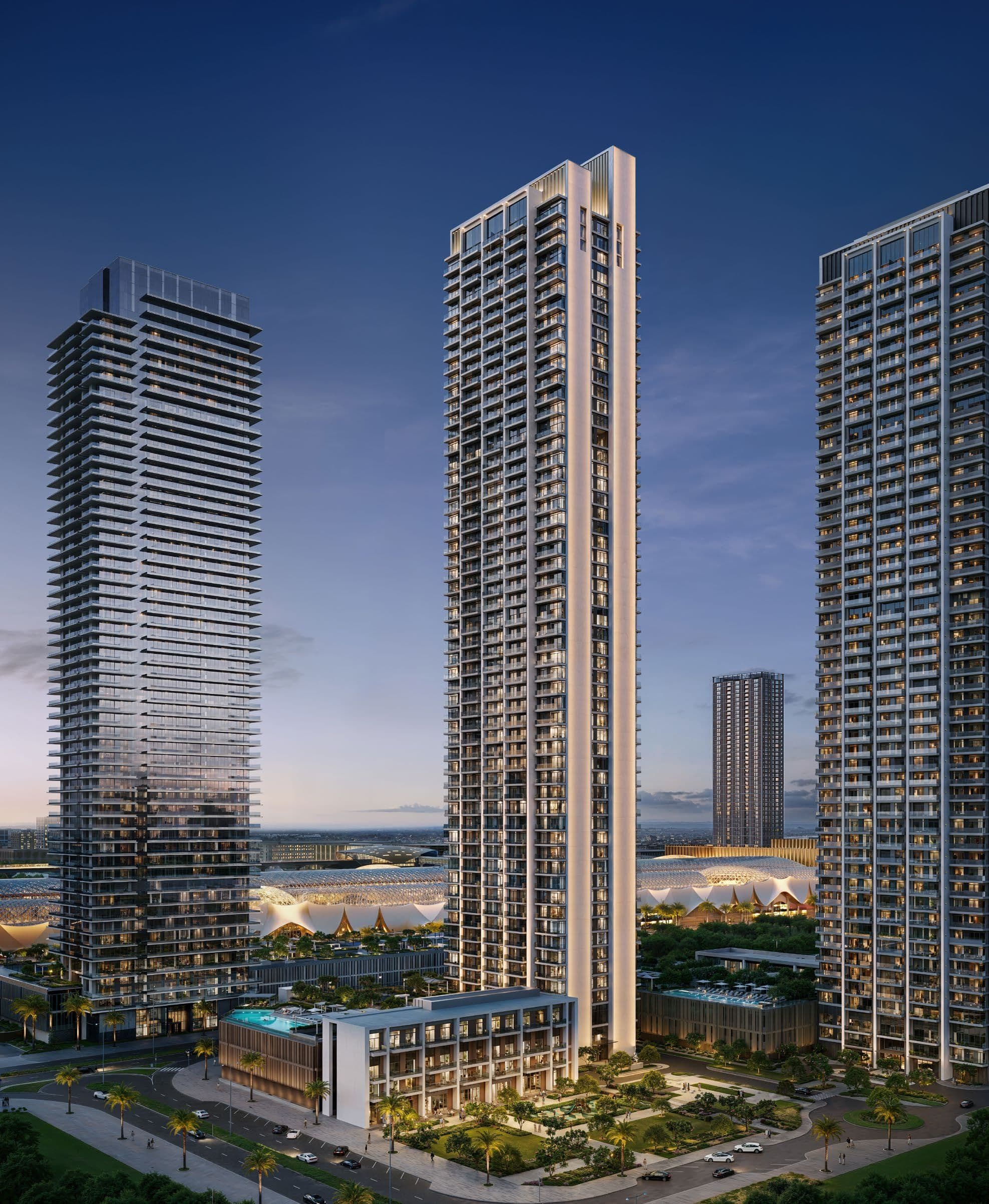Aerial view of the Valia tower rising from its podium in Dubai Creek Harbour
