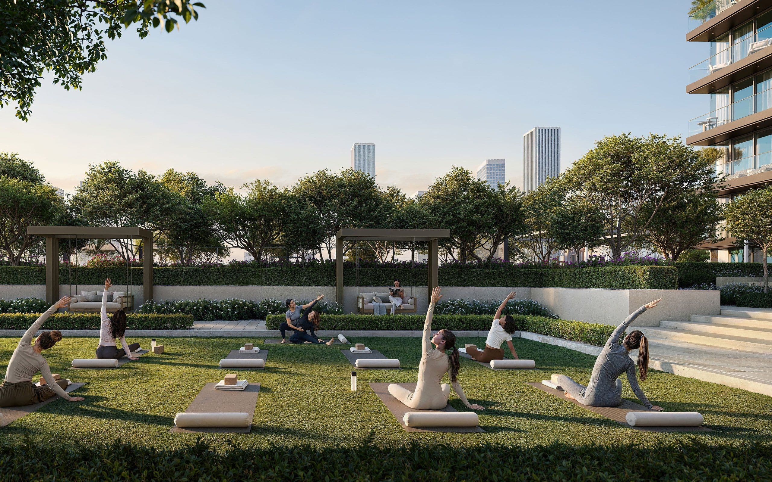 Yoga deck and communal lawn on the Valia amenities floor