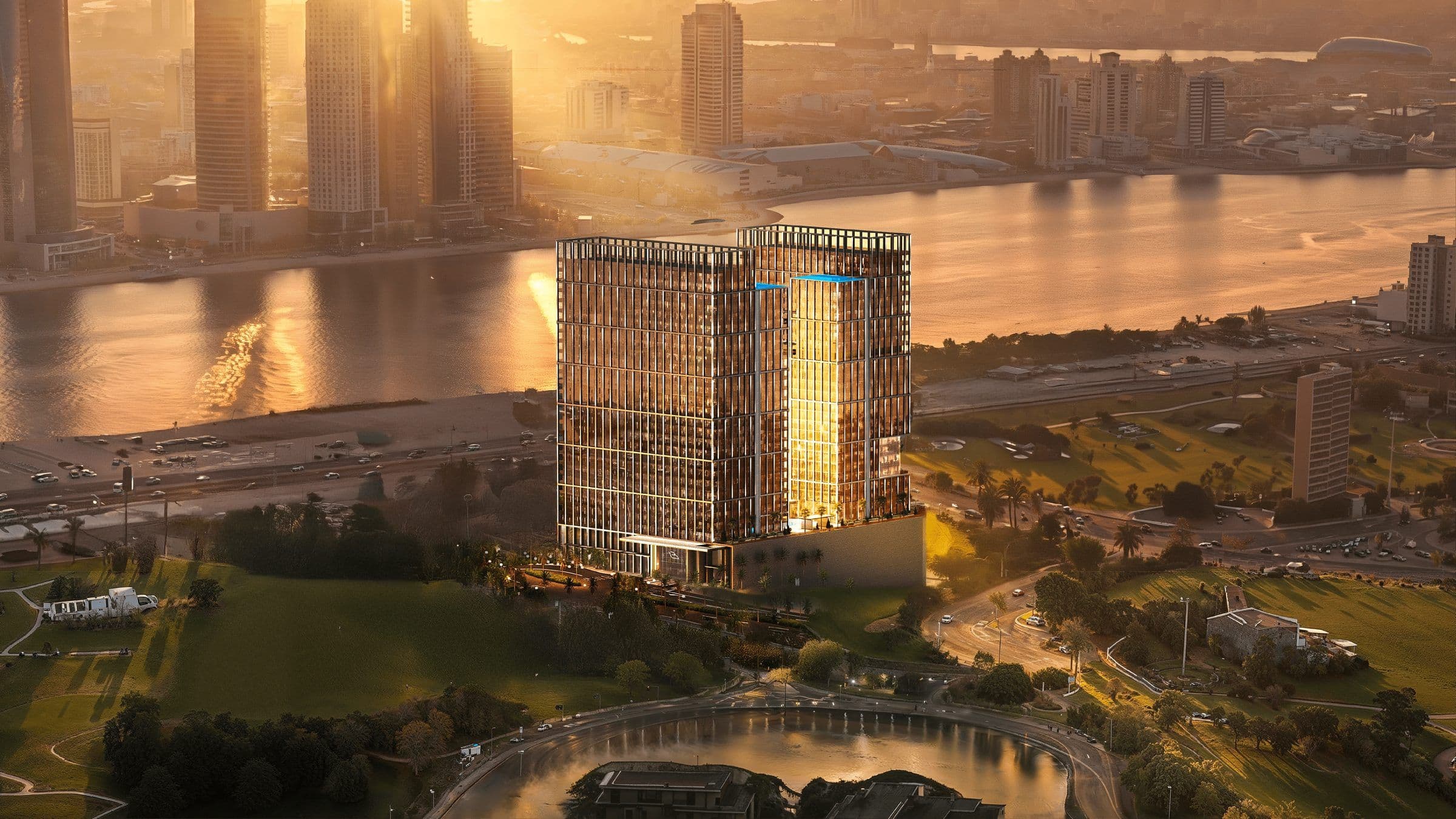 Binghatti Spectre towers seen above Dubai Creek