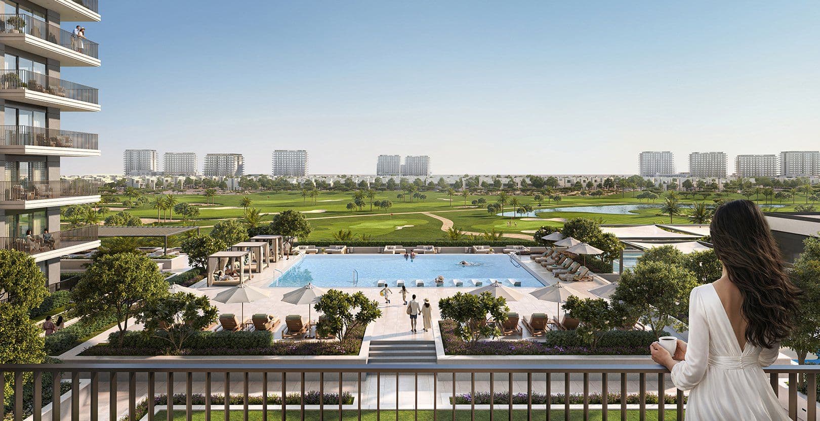 Balcony view over the pool and golf course at Golf Fields
