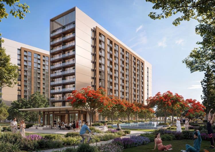 The Woods at Sobha Sanctuary residential building with landscaped garden and pavilion